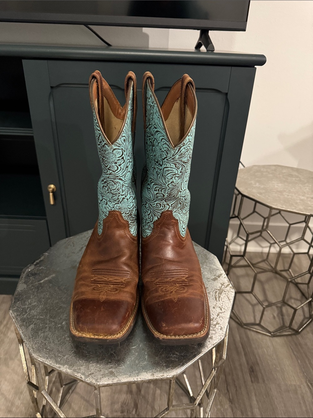 Ariat Brown Leather Western Boots with Turquoise Embroidered Shaft